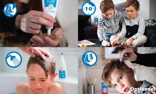 Stappen-samengevoegd- Behandel stappen liceer: STAP 1: Breng Licener aan op droog haar. Masseer de shampoo goed in om al het haar vanaf de hoofdhuid tot in de puntjes te bedekken. STAP 2: Laat 10 minuten intrekken. STAP 3: Spoel de anti-luisshampoo uit met lauwwarm water. Het is niet nodig om het haar na te wassen met normale shampoo. STAP 4 (OPTIONEEL): Na de behandeling kunnen er soms luisrestanten in het haar blijven kleven. In dit geval kunt u ervoor kiezen om de dode luizen en neten uit het haar te kammen met een luizenkam.